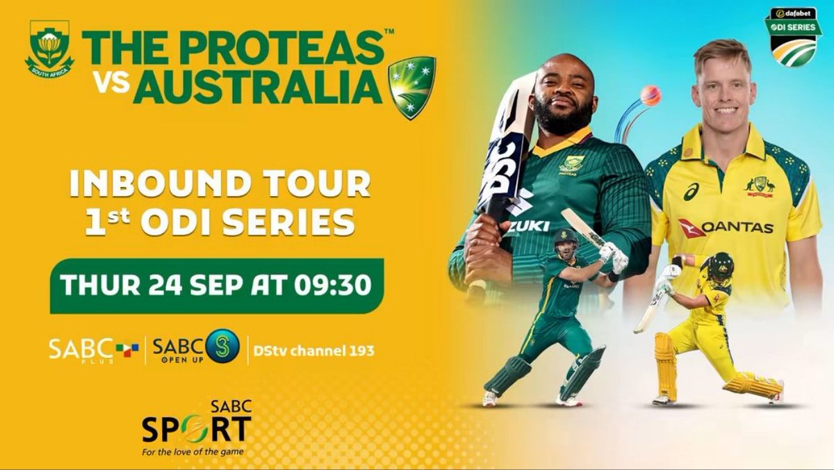 SABC3's tweet photo. ๐๐ฅ THE PROTEAS ARE BACK IN ODI ACTION! ๐ฟ๐ฆ
Catch the exciting ODI series as the Proteas take on Australia from 9h30 Today until 31 October live on #S3 or stream on https://t.co/CIUq1f7VLH!
๐ฟ๐ฆ๐๐ฆ๐บ
#S3OpenUp https://t.co/2qVwh3Lgsg