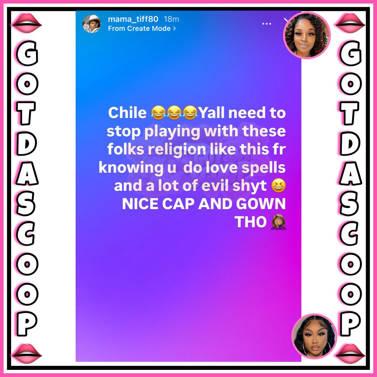 GotDaScoop's tweet photo. This lady ain’t letting up. 😩😩

Arrogant Tae’s mother reacts to reports about Ari Fletcher getting married to MoneyBagg Yo. 😩

“Chile.. Yall need to stop playing with these folks religion like this fr knowing u do love spells and a lot of evil shyt NICE CAP AND GOWN THO”

(Yall think it’s time for Ari to send a cease & desist?)