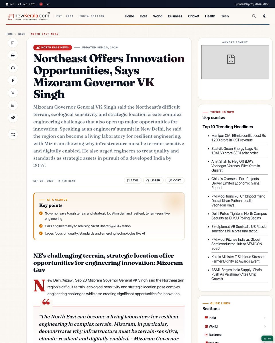 ieiawards's tweet photo. Headline: Northeast Offers Innovation Opportunities, Says Mizoram Governor VK Singh

Digital Coverage: New Kerala

🏆 18th IEI Industry Excellence Award 2026
🎓 5th IEI Engineering Education Excellence Award 2026

https://t.co/Lzs6Xjt7nW

#IEIAwards2026 #IEISummit2026 #EngineeringExcellence #IndustryExcellence #EngineeringEducation #IEI #Innovation #EngineeringIndia