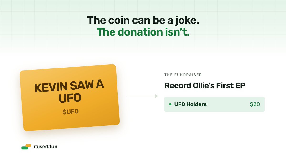 raiseddotfun's tweet photo. The coin can be a joke. The donation isn't.

KEVIN SAW A UFO has sent $20 to Ollie's first EP.

https://t.co/gtAUE2kpWR https://t.co/UHtn04OOxR
