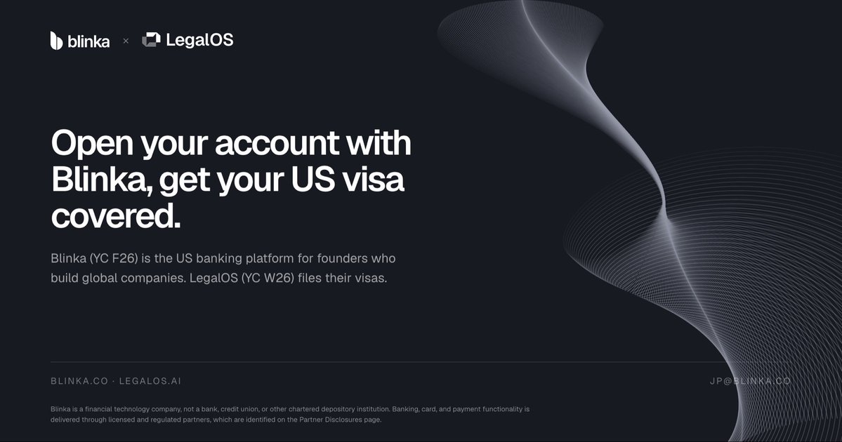 GetBlinka's tweet photo. @LegalOS x Blinka

Banking with Blinka, get your U.S. visa covered with LegalOs

Founders who open their account with Blinka now get their LegalOS visa fees covered. That means U.S. banking and visa filing are no longer two separate vendor hunts. https://t.co/JBNWPdRYYe