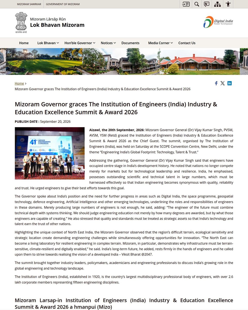 ieiawards's tweet photo. Headline: Mizoram Governor graces the Institution of Engineers (India) Industry & Education Excellence Summit & Award 2026

Digital Coverage: Raj Bhavan Mizoram

🏆 18th IEI Industry Excellence Award 2026
🎓 5th IEI Engineering Education Excellence Award 2026

https://t.co/V8qSqM8Z3j

#IEIAwards2026 #IEISummit2026 #EngineeringExcellence #IndustryExcellence #EngineeringEducation #IEI #Innovation #EngineeringIndia