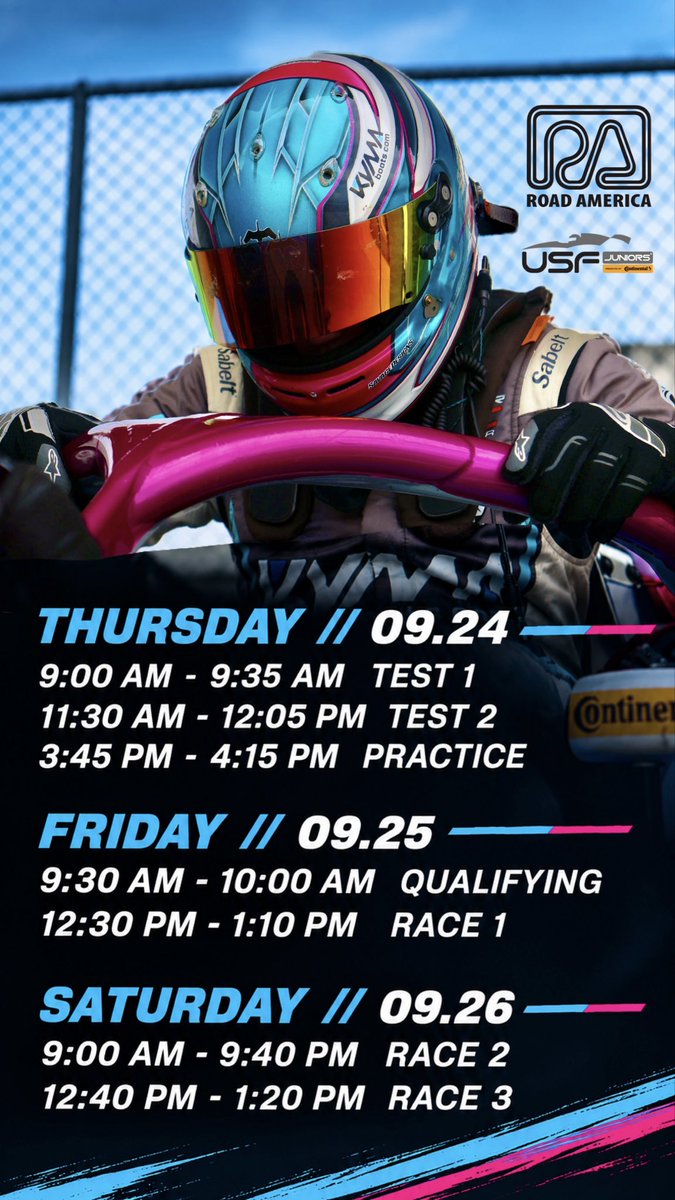 Savage_Auto_'s tweet photo. This week’s @USFJuniors schedule at Road America. 

#UsfJuniors #UsfProChampionships #RoadAmerica #FormulaRacing #Racing https://t.co/y34bIKvHrb