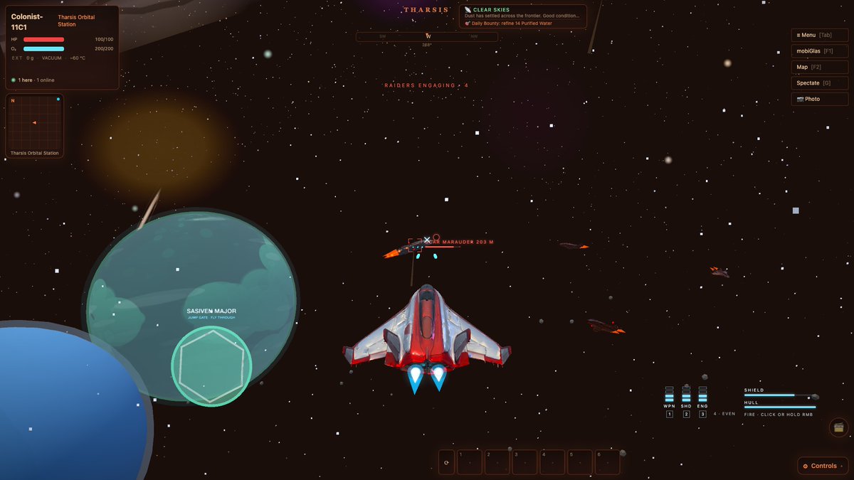playtharsis's tweet photo. THARSIS — Update 10: Star Citizen mode

You're in the suit now. Always first person on foot.

🪖 Helmet visor HUD — heading tape, vitals, O2 countdown, holo minimap
📟 mobiGlas on F1 · full area map on F2
⛏️ Aim-to-mine: lock the vein, feather the laser. Overcharge it and the ore is gone
🚀 Ship combat in the Scar — pirates, shields, power to weapons/shields/engines
🗺️ Real Mars terrain: NASA HiRISE elevation data of Arsia Mons on the horizon
We are live on Pons 
https://t.co/gccV4S5eWP
CA
0xC1308902c28D05d9F7224CBb0f7AB621dCEc4342
https://t.co/z9q6TWn6sz