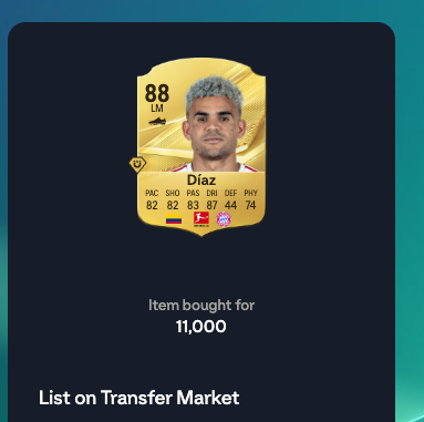 FutSnipeBot's tweet photo. 88 OVR Luis Díaz for 11K 👀

Caught him on the FC 27 Transfer Market and listed at 15K.

These are the listings I'm looking for when testing high-rated sniping filters.
 + trading tools:

Should I test an 88-rated filter next?

#FC27 #FUT27  #FC27Coins #FUTTrading #SnipingBot https://t.co/w9bttqYoML