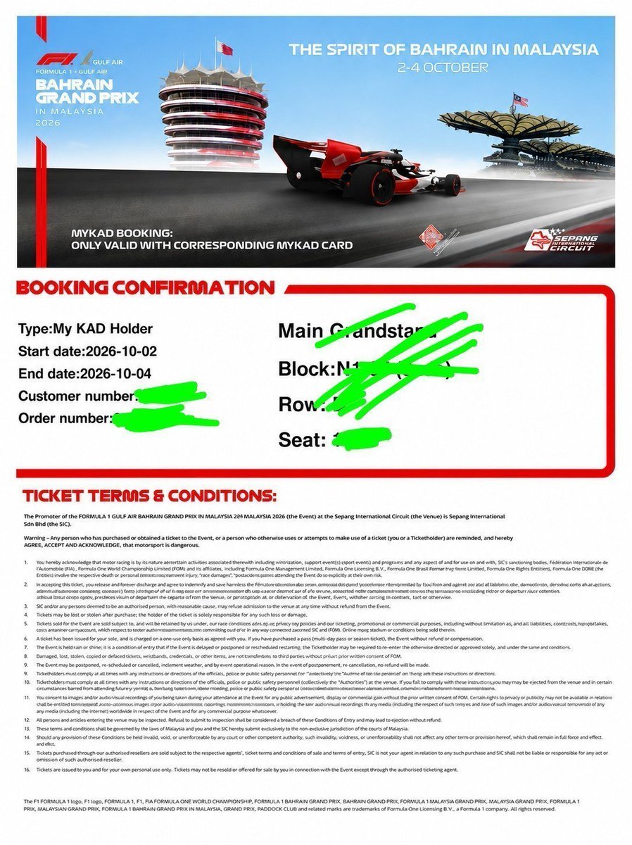 Chri_yy22's tweet photo. 🏁 FORMULA 1 SEPANG TICKETS AVAILABLE! 🏎️
Selling 2x Main Grandstand adult passes for the 2026 F1 Bahrain Grand Prix (Oct 2–4)
2x Adult Tickets
Main Grandstand
3-Day Pass 
Fast &amp; direct transfer
Drop a DM for details &amp; transfer proof!
#F1 #BahrainGP #F1Tickets #Formula1Tickets https://t.co/4sFR9XuRmJ