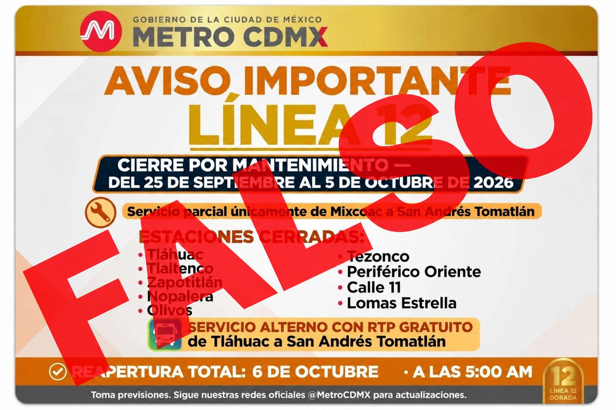MetroCDMX's tweet photo. Buena tarde. No se tiene contemplado el cierre de estaciones de la Línea 12. Cualquier modificación en el servicio, tanto en esta como en alguna otra línea de la Red, se informa de manera oportunamente a través de nuestros canales oficiales. Te invitamos a mantenerte al tanto de nuestras publicaciones.