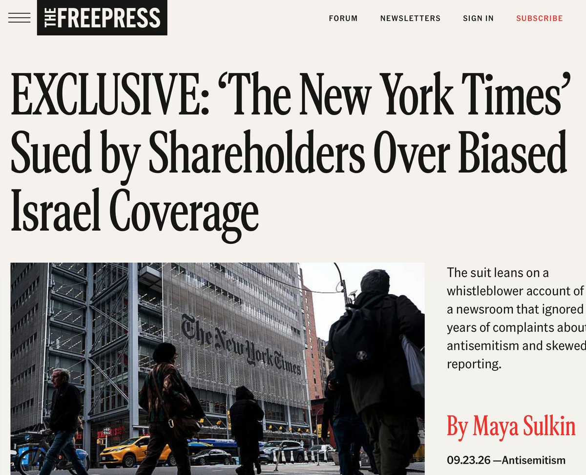 geraldposner's tweet photo. Last week I wrote that the New York Times's Israel coverage since October 7 had cost it my trust. I have written fifteen pieces for the paper over 35 years — eleven in Opinion, four in the Sunday Magazine. I still read it, but with a jaundiced eye. That article drew a quarter-million interactions.  

This morning two Times shareholders sued in New York County Supreme Court for the internal records the company has refused to produce for four months. The petitioners are the State Board of Administration of Florida, which manages the state’s public pension assets, and the National Center for Public Policy Research. Most of what they want concerns Israel-Hamas coverage and whether the board oversees the paper’s own editorial standards.  

The suit relies in part on a Jewish former video-desk employee who, according to the complaint, flagged antisemitism and anti-Israel bias internally at least 15 times between 2019 and when she left the paper in March 2026.   

I treated this as a journalism standards issue. The lawsuit notes that since the Times eliminated its public editor in 2017 — and never replaced the job — there has not been an independent in-house watchdog over what ends up under a Times byline. The Israel-Gaza coverage is the worst example of what has resulted.

@SulkinMaya's Free Press exclusive:  https://t.co/v5ROUnyfnL