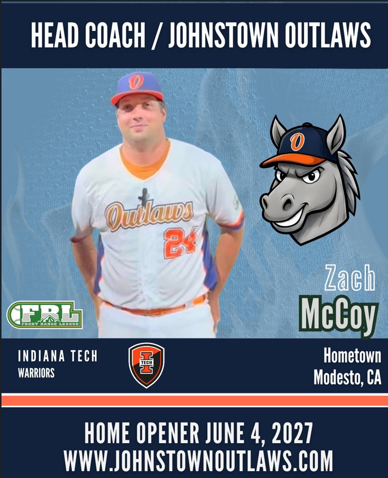 JTownOutlaws's tweet photo. The Outlaws are proud to welcome back Head Coach Zach McCoy! Coach McCoy led the Outlaws to the 2026 Front Range League Championship and looks to repeat in 2027. Zach is from Modesto, California and is an assistant coach at Indiana Tech in Ft. Wayne. Welcome back Coach McCoy! https://t.co/itu10giDtn