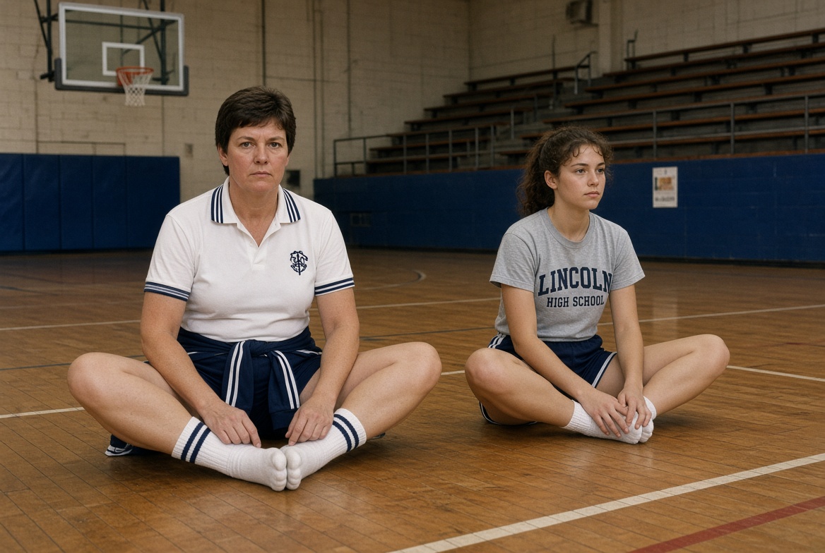 Culpr75's tweet photo. @GrowingUpRetro Ms Melton would always love to get everyone on the gym floor to do groin stretches https://t.co/pjCfawTUoy