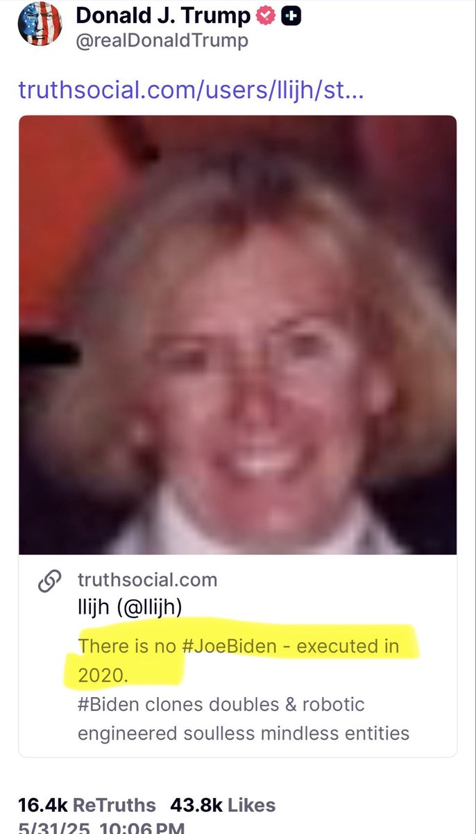 Julie_donuts's tweet photo. President Trump! 👇🏻👇🏻💥💥

Retruthed March 31, 2025. 

“There is no JOE BIDEN. Executed in 2020. Biden clones doubles &amp; robotic engineered soulless mindless entities are what you see.”

He ALWAYS tells us. BQQM‼️💥

 M I L I T A R Y O P E R A T I O N https://t.co/DcRHqwwT7C