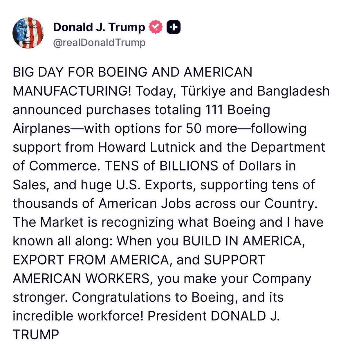 MAGAVoice's tweet photo. 🚨 President Trump stuns America by announcing a MASSIVE Boeing deal to sell up to 160+ Planes

THIS IS PUTTING AMERICAN BUSINESSES FIRST

I VOTED FOR THIS 🔥 https://t.co/zP70Tq1Qxd
