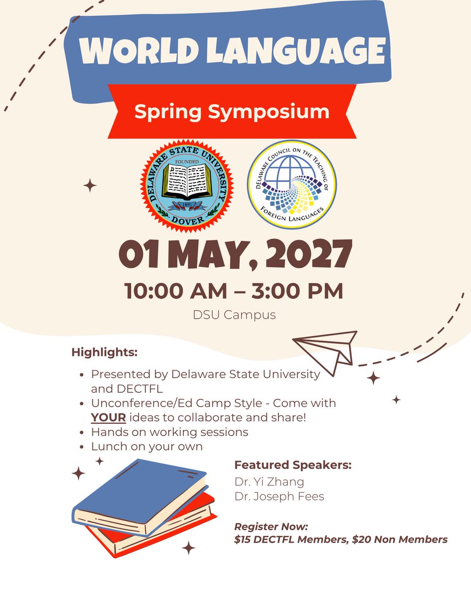 DECTFL's tweet photo. As you may have heard at the conference last week, we are teaming up with Delaware State University for our first ever Spring Symposium! 

Be ready to work and collaborate with attendees! 

Scan here or visit https://t.co/MVuQEjFuWJ to indicate your interest in attending! https://t.co/NNfs6FiZWw