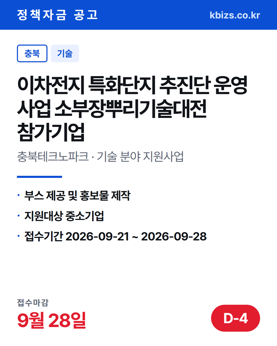 thekbizs's tweet photo. 오늘의 정책자금 공고 5건 · 기술·R&amp;D

① [울산] 중구 2026년 소상공인 카드수수… — 9월 30일 마감
② [전국] 2026년 4분기 중소기업간 협업… — 10월 6일 마감
③ [충북] 2026년 이차전지 특화단지 추진… — 9월 28일 마감

#중소기업정책자금대출 #중소기업정책지원금 #기술 https://t.co/0kCJXffbiY