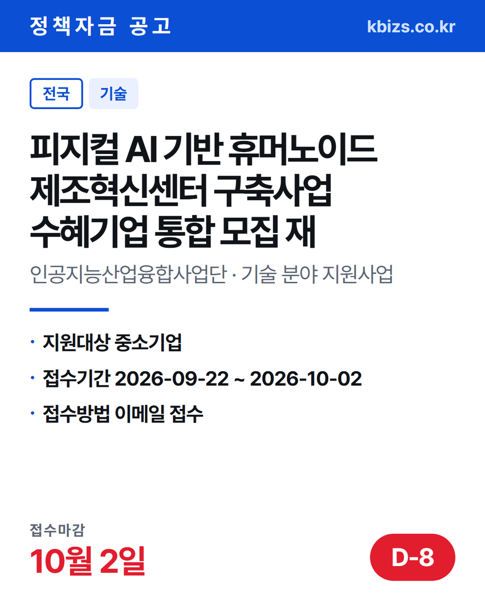 thekbizs's tweet photo. 오늘의 정책자금 공고 5건 · 기술·R&amp;D

① [울산] 중구 2026년 소상공인 카드수수… — 9월 30일 마감
② [전국] 2026년 4분기 중소기업간 협업… — 10월 6일 마감
③ [충북] 2026년 이차전지 특화단지 추진… — 9월 28일 마감

#중소기업정책자금대출 #중소기업정책지원금 #기술 https://t.co/0kCJXffbiY