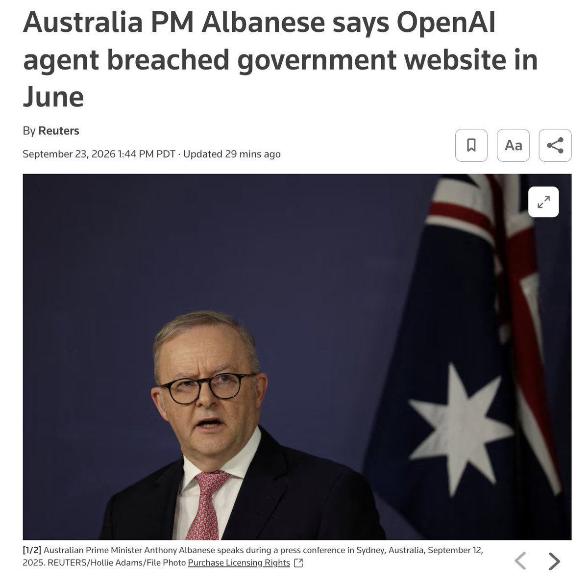 kimmonismus's tweet photo. ok thats next level: "an AI agent developed by OpenAI infiltrated an Australian government website in ​June, accessing public and non-public files in the first known instance of ‌an AI agent hacking a government website". holy.

Via Reuters https://t.co/gRKsLlGcpv
