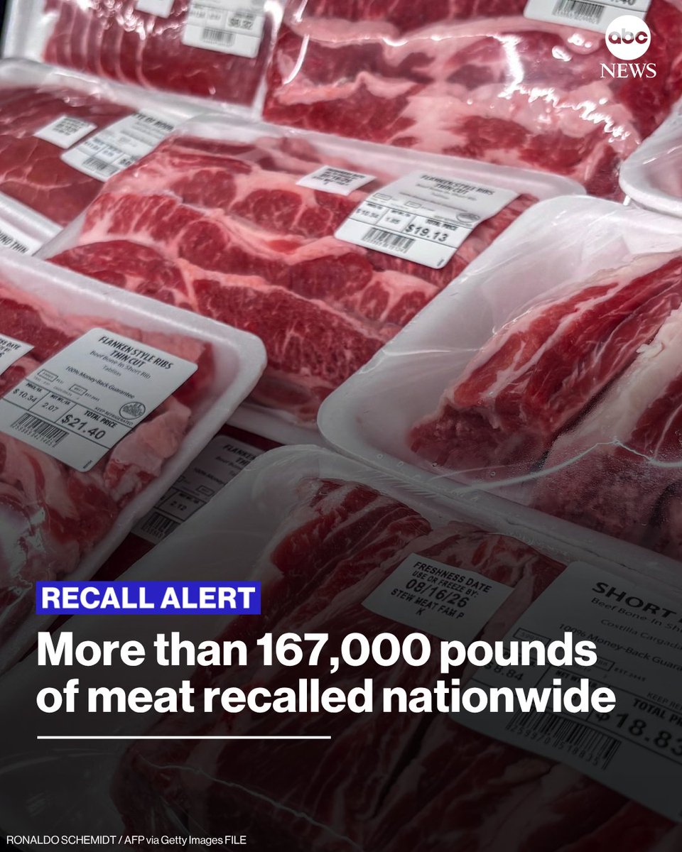 ABC's tweet photo. More than 167,000 pounds of beef, pork and goat meat are being recalled nationwide after being produced without required federal inspection, according to the U.S. Department of Agriculture's Food Safety and Inspection Service.

Read more: https://t.co/luHNMMHyzM https://t.co/c99xE2VA9u