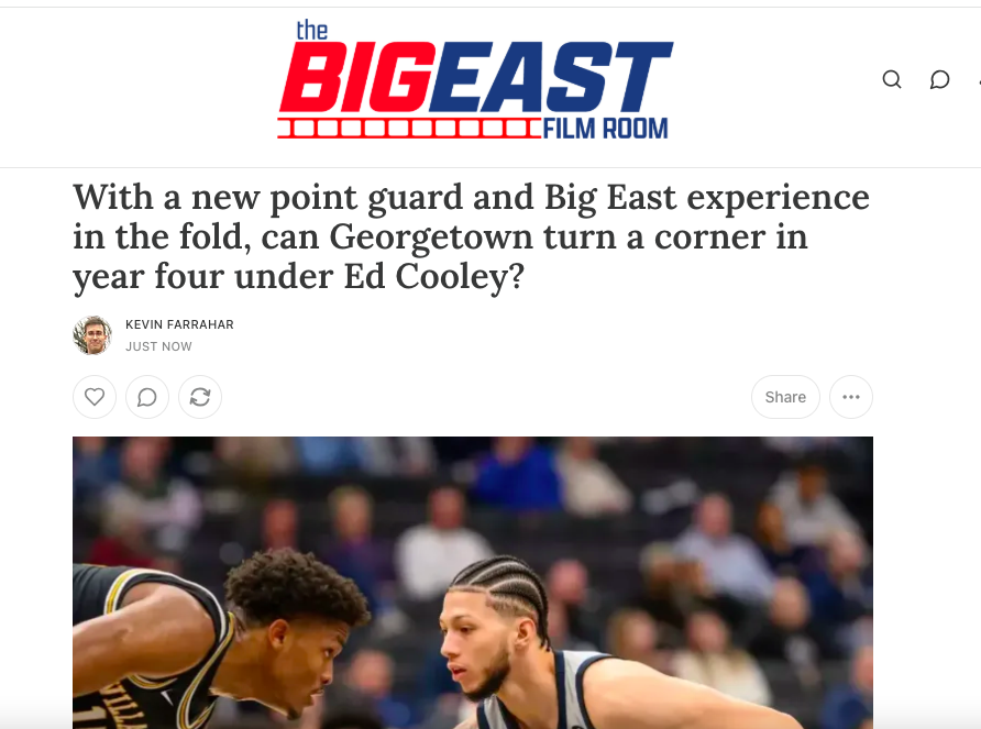 Kevin_Farrahar's tweet photo. Previewing Georgetown:

The Hoyas have a new point guard, a measure of Big East experience, and a collection of pieces that look more like the teams Ed Cooley had success with at Providence.

Taking a closer look at what has to go right in Year 4 under Cooley.

https://t.co/1RtDH6afEX
