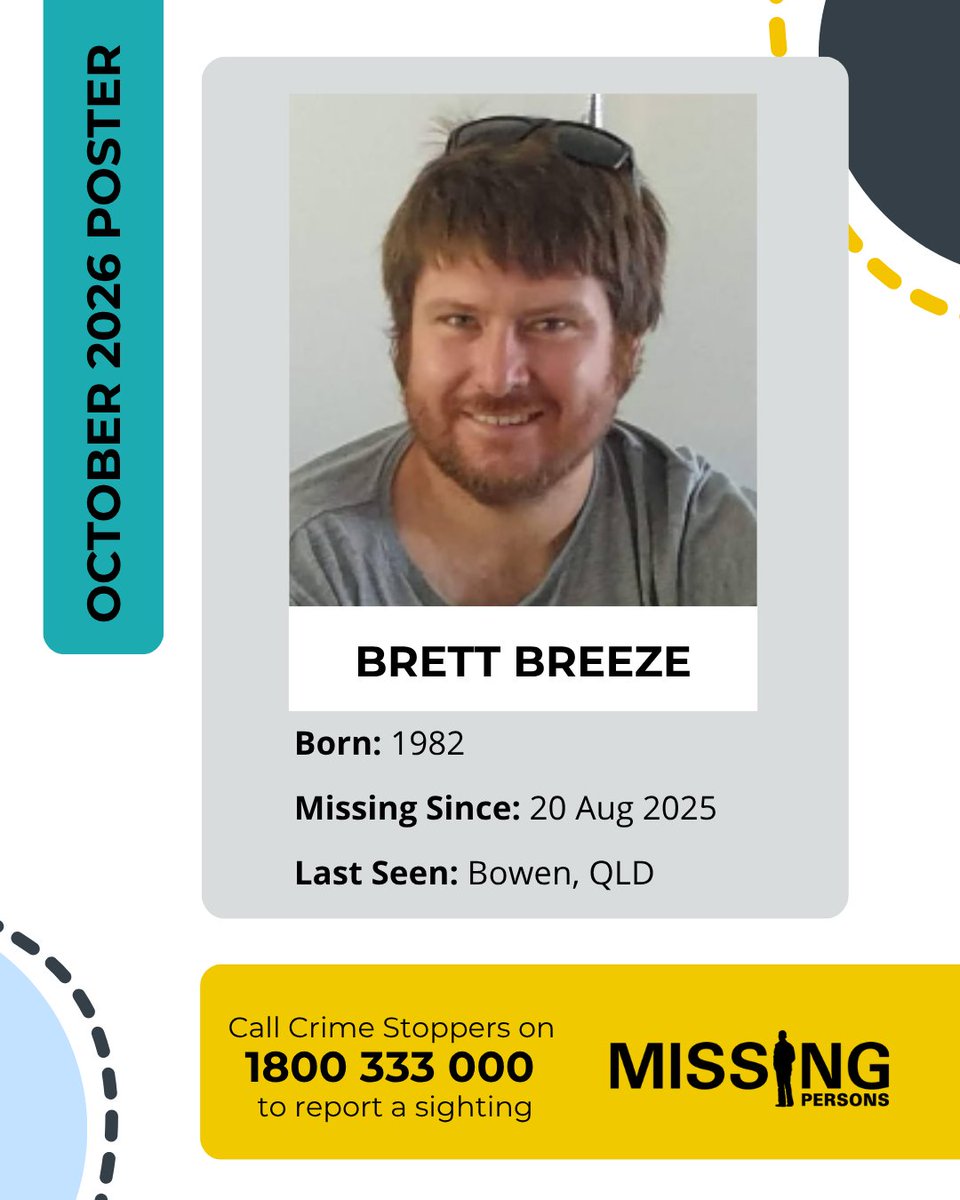 AFPNMPCC's tweet photo. Brett Breeze was last seen on 20 August 2025, in the vicinity of Front Beach/Santa Barbara Parade, Bowen. Brett has not since made contact with loved ones and his whereabouts remain unknown. If you have information that may assist police to locate Brett, call Crime Stoppers. https://t.co/nSgPHfFdYe