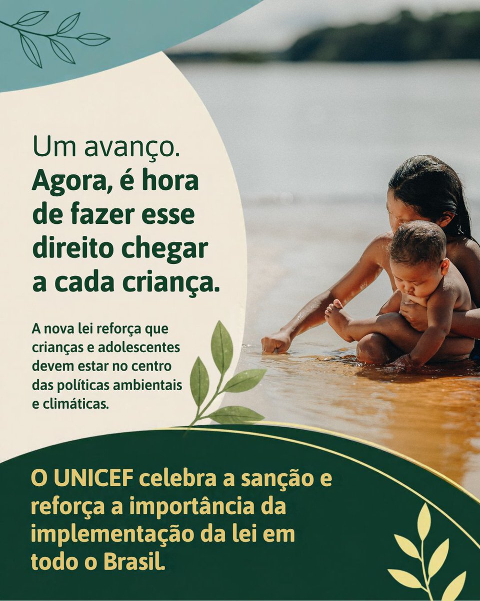 unicefbrasil's tweet photo. 🌳 Natureza é direito de crianças e adolescentes! A Lei nº 15.512/2026 inclui esse direito no ECA e reforça a prioridade de meninas e meninos nas políticas ambientais e climáticas. Agora, é hora de transformar a lei em ações concretas. 💚 Saiba mais no site do UNICEF. https://t.co/dydfM3yjql