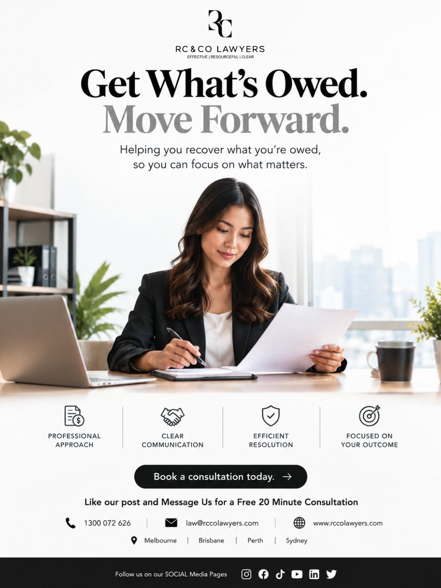 rcco_law's tweet photo. Unpaid debts can affect your business. RC&Co Lawyers can help you understand your legal options and navigate the debt recovery process.
#DebtCollection #DebtRecovery #AustralianLaw https://t.co/wotrkF05dU