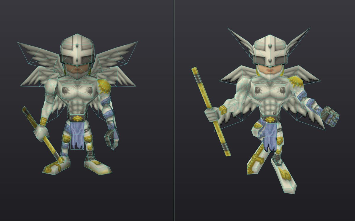 DigiWorldRemake's tweet photo. Angemon model.
Digimon World 1 vs Digimon Digital Card Battle.

It's the same, but different 🤣.
It's definitely reused, but adapted to the new game with some adjustments on texture and mesh. I guess mesh changed due to animation requirements.
#digimon #デジモン https://t.co/l8N8Hg22JH