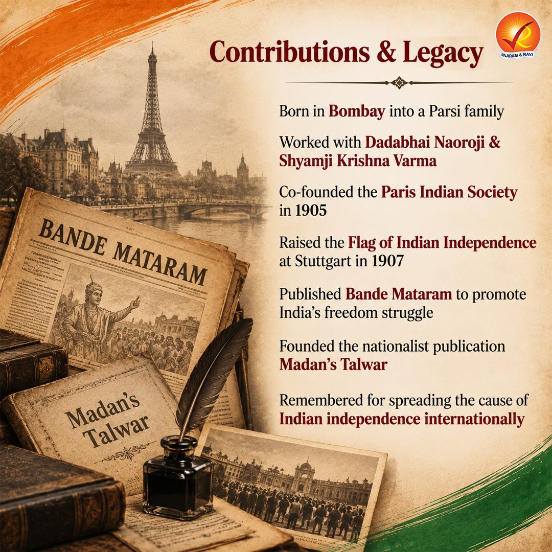 VajiramRavi's tweet photo. 🇮🇳 Remembering Madam Bhikaji Cama | A Pioneer of India’s Freedom Struggle
#BhikajiCama #MadamCama #IndianFreedomStruggle #IndianNationalism #ModernIndianHistory #FreedomMovement #UPSC2027 #UPSCPrelims https://t.co/xErp8RFNdn