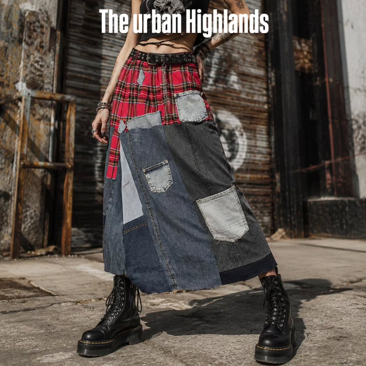 MartheBCN's tweet photo. Red kilting meets urban chic in upcycled denim, with pockets, of course. https://t.co/PwU373YLb9