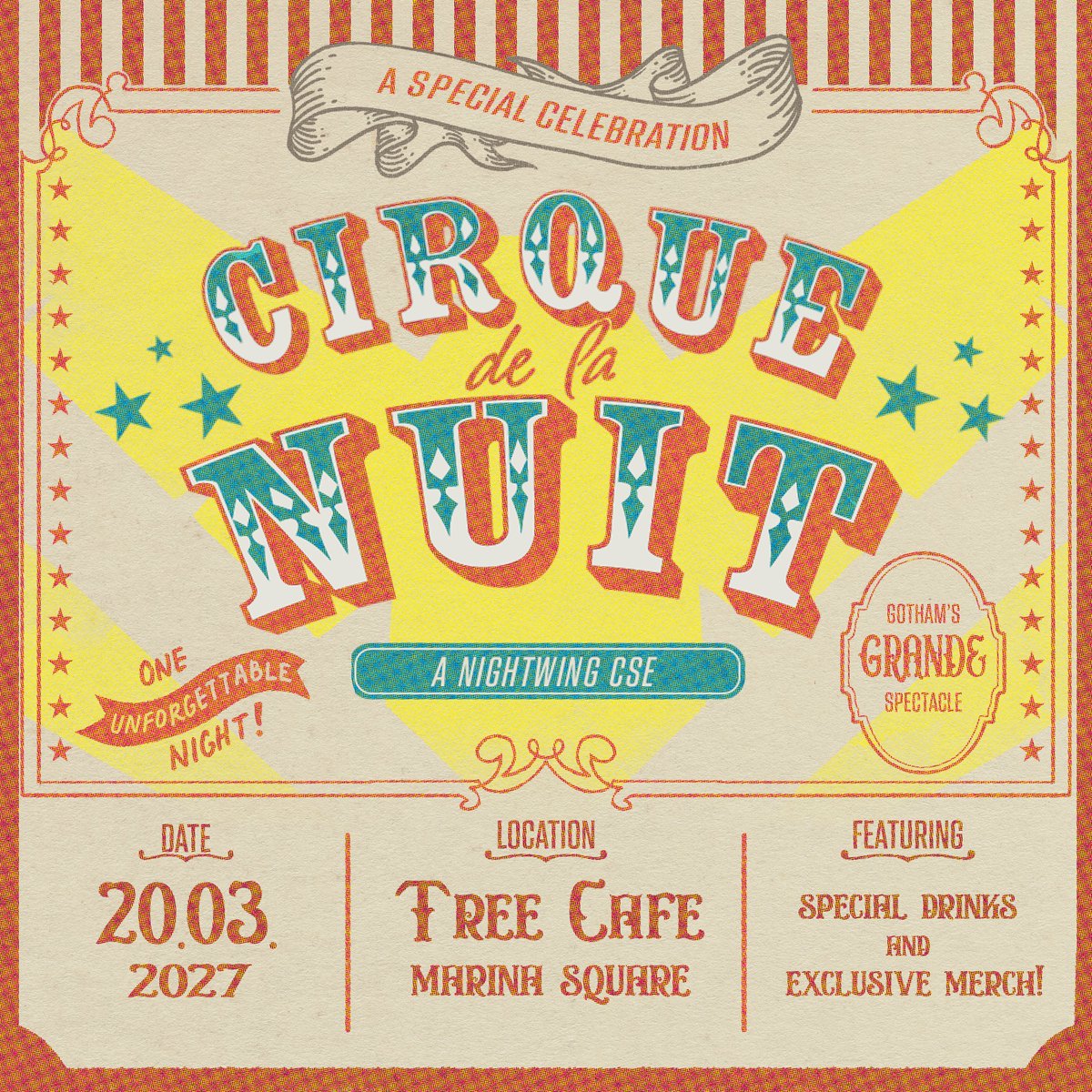 nightwingcse's tweet photo. 🎉 NIGHTWING BIRTHDAY CSE 🍰

Join us at Cirque de la Nuit, a Nightwing birthday CSE! We'll have freebies and several activities prepared for this circus themed event~

📅 20 Mar 2027 (Saturday) 
📍Tree Cafe, Marina Square
🕑Timing TBA

#nightwing #dickgrayson https://t.co/S15N7GOV1R