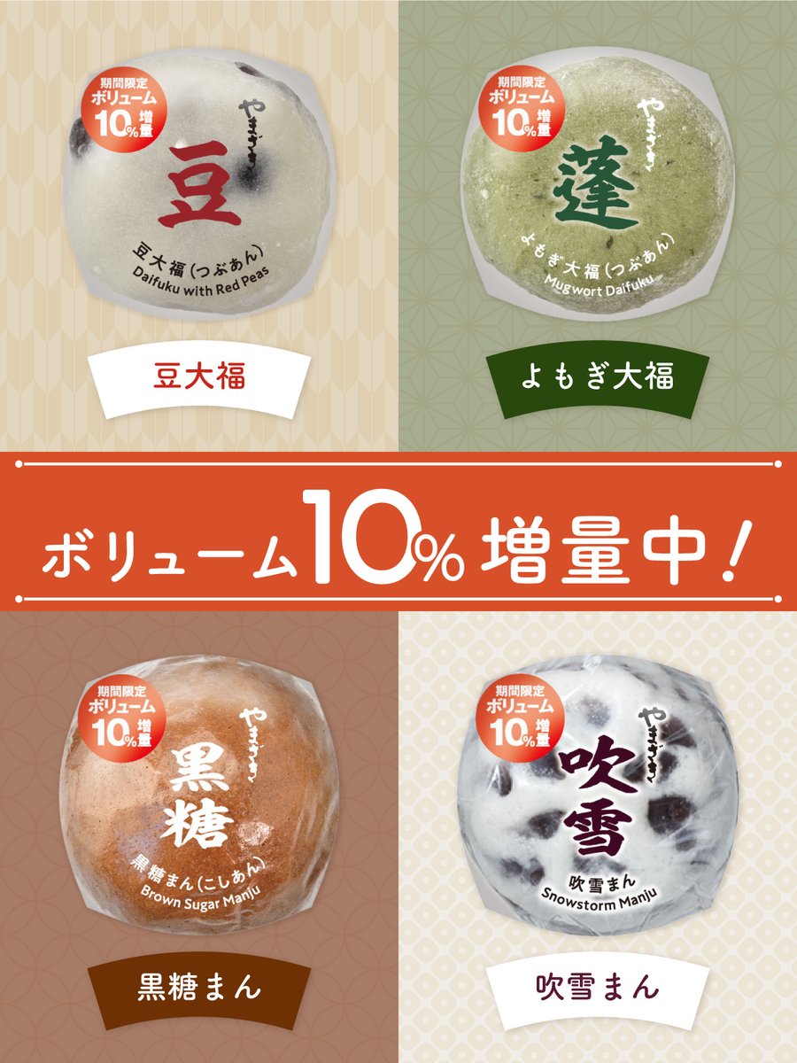 yamazakipan_cp's tweet photo. ＼今だけボリュームアップ💕／

やまざきの人気和菓子4品が期間限定で10%増量中✨
ひと���ひとつ個包装されているから、気軽に食べられてとっても便利🍵

10/15(木)出荷分まで🙌
「10%増���」シールが目印です👀✨ https://t.co/DdDZRMW9fx