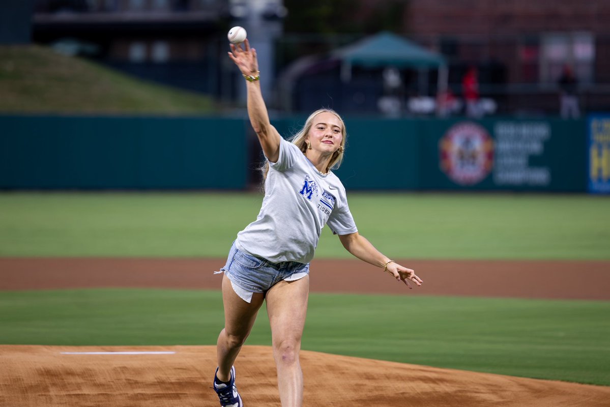 memphisredbirds's tweet photo. Starting the night with a STRIKE 🔥

University of Memphis softball star Tatum Bittick tossed tonight’s ceremonial first pitch!

#DriveForFive 🏆 https://t.co/s4vW3uXhLr