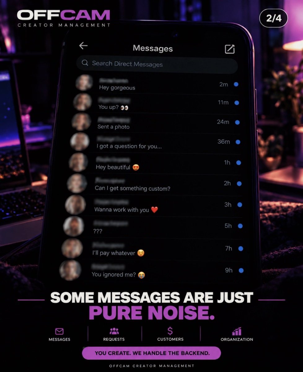 _OFFCAM_'s tweet photo. Somewhere between the “hey” and the “you ignored me 😭” is somebody actually trying to spend money.
That’s why janel hands us the inbox. 💜
You create. We handle the backend. #CreatorManagement #CreatorLife #ContentCreator #CreatorBusiness #creatorsupport https://t.co/ESD59KHWYF