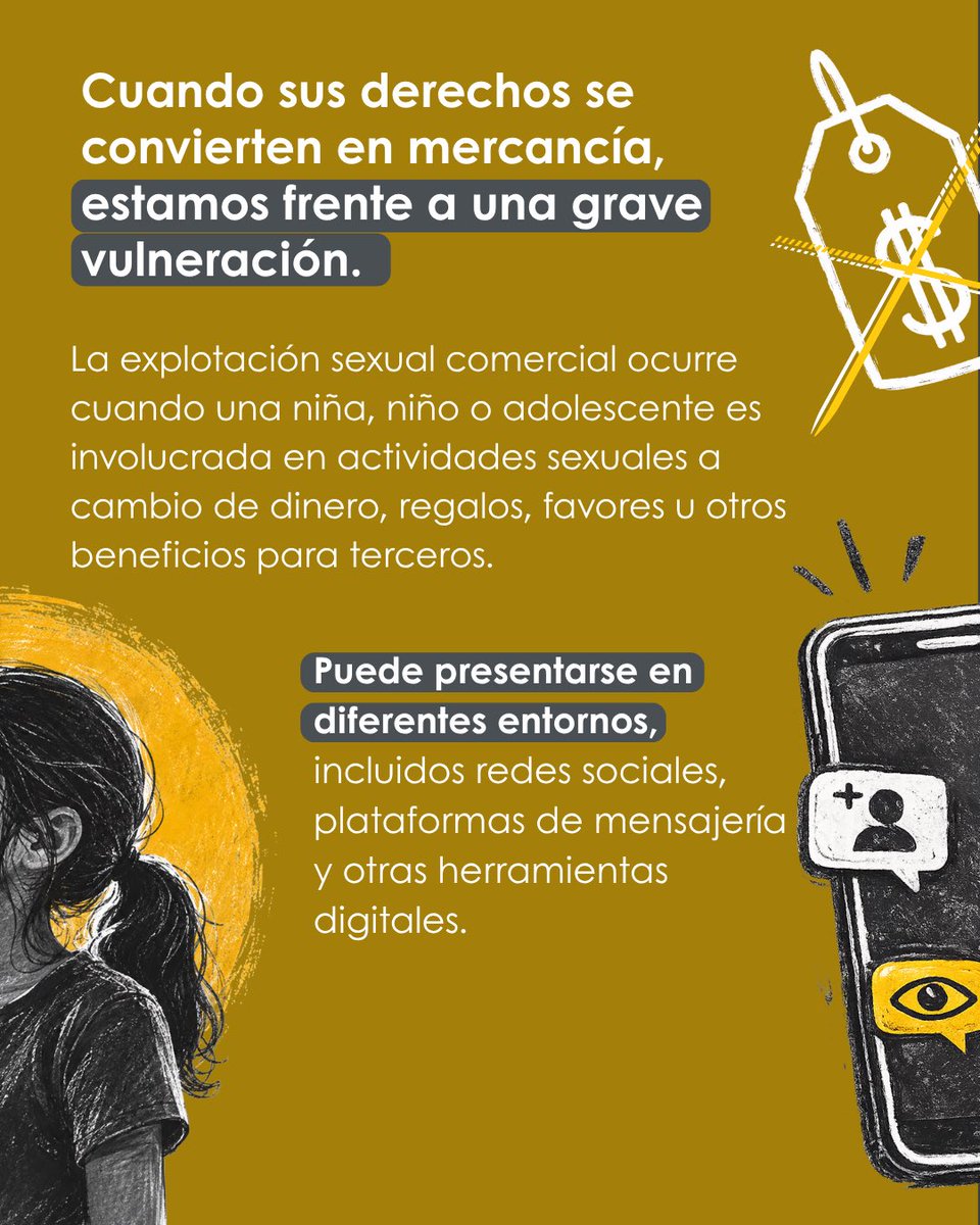 alianzaninez's tweet photo. #DiaInternacionalContraLaESCNNA 

🚨Cuando sus derechos se convierten en mercancía, estamos frente a una grave vulneración.

La explotación sexual comercial de niñas, niños y adolescentes puede ocurrir en distintos espacios, incluidos los entornos digitales.

Prevenir implica escuchar, acompañar, reconocer los riesgos y actuar a tiempo.
Construir entornos protectores es una responsabilidad compartida.

💛 Las niñas, niños y adolescentes tienen derecho a crecer libres de explotación y violencia.
Prevenir también es proteger.

#AlianzaPorLaNiñezColombiana #DerechosDeNiñasNiñosYAdolescentes #PrevenciónESCNNA #Protección
