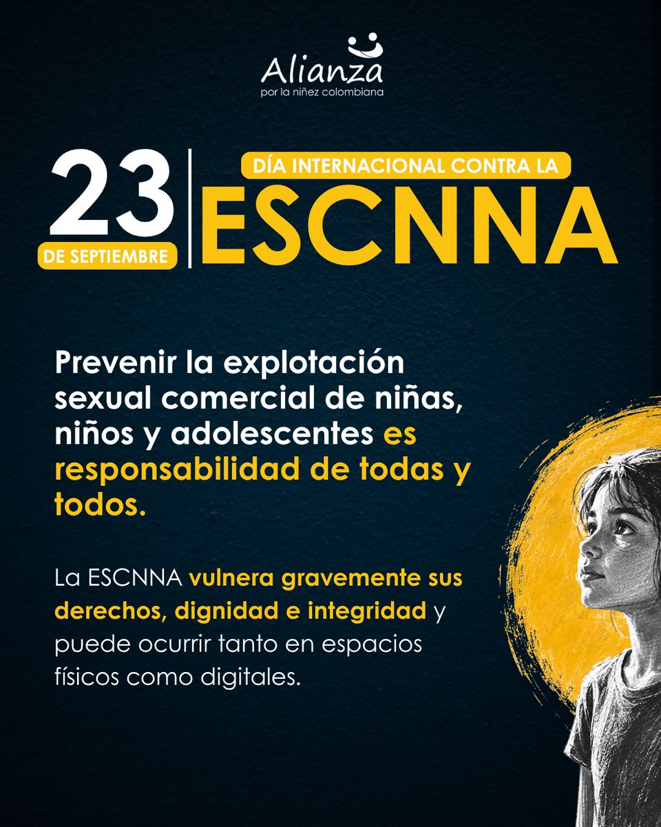 alianzaninez's tweet photo. #DiaInternacionalContraLaESCNNA 

🚨Cuando sus derechos se convierten en mercancía, estamos frente a una grave vulneración.

La explotación sexual comercial de niñas, niños y adolescentes puede ocurrir en distintos espacios, incluidos los entornos digitales.

Prevenir implica escuchar, acompañar, reconocer los riesgos y actuar a tiempo.
Construir entornos protectores es una responsabilidad compartida.

💛 Las niñas, niños y adolescentes tienen derecho a crecer libres de explotación y violencia.
Prevenir también es proteger.

#AlianzaPorLaNiñezColombiana #DerechosDeNiñasNiñosYAdolescentes #PrevenciónESCNNA #Protección