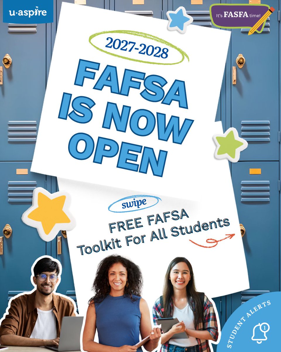 uAspire's tweet photo. The #FAFSA is officially open! Check out our FREE toolkit to help students &amp; families:  
FSA ID How-to Guide: https://t.co/fBtk7IIO2r
FAFSA Checklist: https://t.co/E5N9qAAXZ2
Financial Aid Checklist: https://t.co/5WLbYLrpAz
Free Live Walkthroughs: https://t.co/XVQtU9MbG7 https://t.co/aUL6wEMDb2
