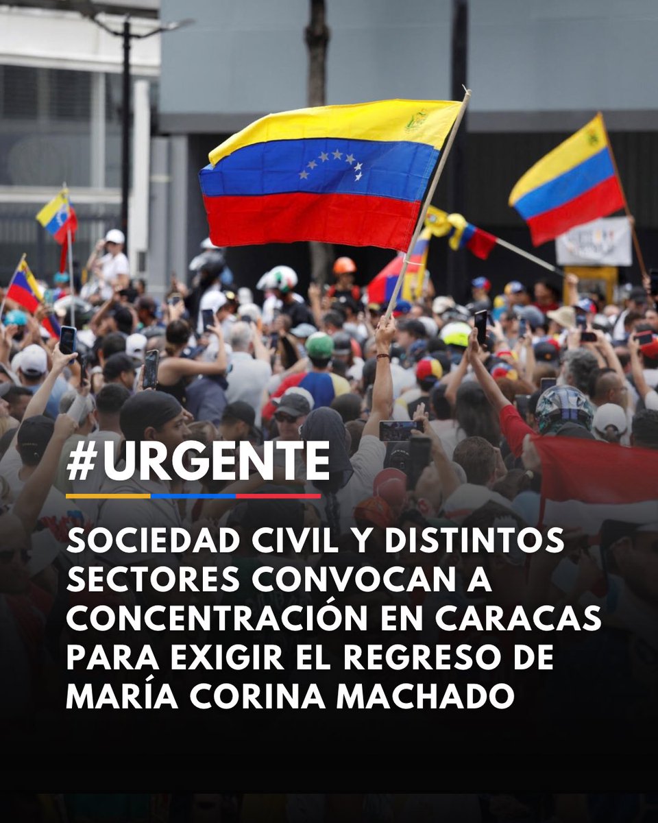 Sinmordaza's tweet photo. 🚨 #Ahora 

Sociedad civil y distintos sectores convocan a concentración en Caracas para exigir el regreso de María Corina Machado

Organizaciones de la sociedad civil y representantes de distintos sectores convocan a una concentración para este 24 de septiembre, en Plaza Venezuela, frente a la Torre Polar, a partir de las 10:00 a. m.

La convocatoria tiene como consigna “Caracas exige el regreso de María Corina” y plantea como centro de la movilización el reclamo por su retorno al país.

📍 Lugar: Plaza Venezuela, frente a la Torre Polar
📅 Fecha: 24 de septiembre de 2026
🕙 Hora: 10:00 a. m.

La convocatoria llama a distintos sectores de la sociedad venezolana a participar en esta jornada pública. 

#Caracas #Venezuela