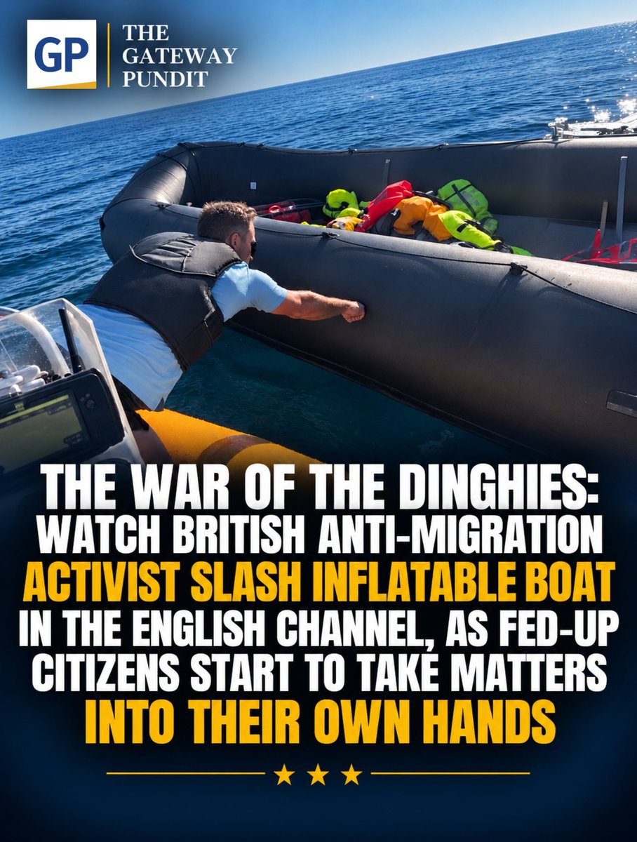 gatewaypundit's tweet photo. Needless to say, the police escorted the migrants and arrested the activist.

Today (23), viral images doing the rounds online show anti-migration Danny Tommo tracking the inflatable boat that brought 60 migrants across the English Channel and into the UK.

News also arose that Globalist UK Police have opened a probe into Tommo after he shared a video of himself slashing the dinghy.

Read the rest of the story, link in the comments.