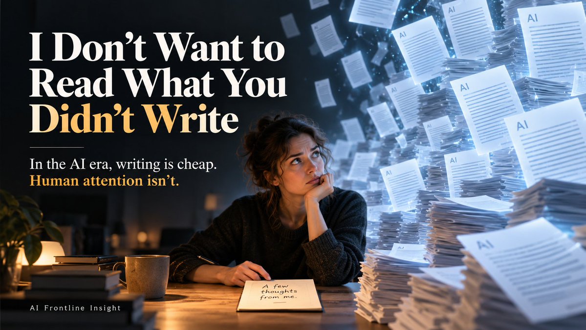 Martin34302's tweet photo. AI made writing almost free.
Reading is still expensive.
That’s the hidden cost of AI-generated content:
the reader pays with attention. https://t.co/0HEqPlolnU