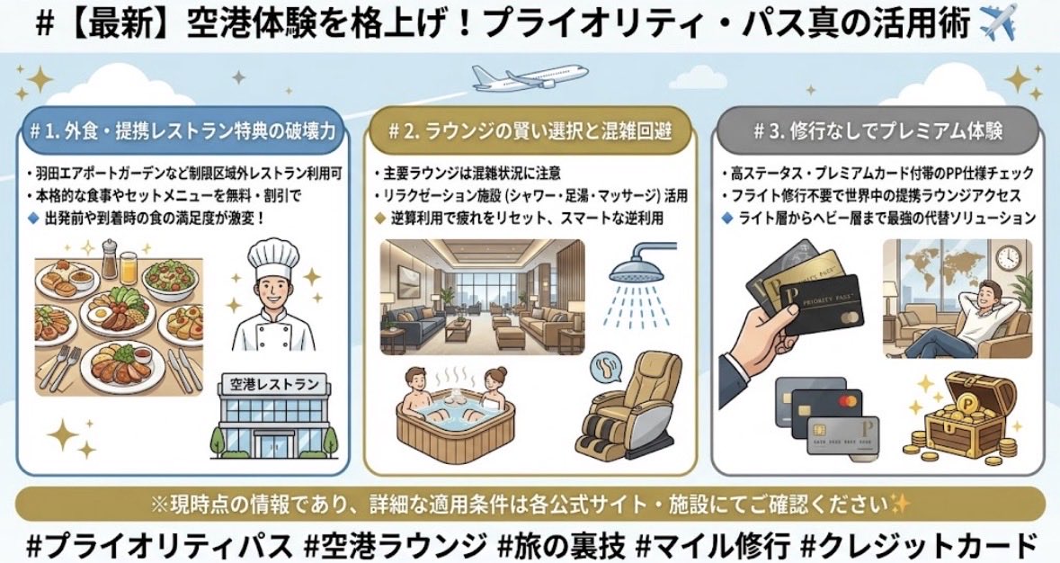 gk33984's tweet photo. ## 日常の移動を圧倒的に快適にする「プライオリティ・パス」真の活用術 ✈️

飛行機を頻繁に搭乗しなくても、空港での待ち時間を劇的に格上げする「プライオリティ・パス」の活用法が、現代のマイル＆トラベル戦略において最大のミソです。

---

📌 **1. 制限区域外・外食系特典の破壊力**
*   **空港レストランの無料利用**：羽田空港第3ターミナル直結の「羽田エアポートガーデン」など、制限区域外にある対象レストランでの飲食代が無料または大幅割引に。
*   **出発前の充実した食事**：ラウンジの軽いスナックだけでなく、本格的なランチビュッフェやセットメニューを楽しめるケースが増加。
👉 **結論**：飛行機に乗る直前だけでなく、到着時や出発前の「食の満足度」が文字通り別次元に跳ね上がります。

---

📌 **2. ラウンジの混雑回避と「外資系・提携ラウンジ」の賢い選択**
*   **定番ラウンジのルール**：羽田や関空などの主要ターミナルにおけるプライオリティ・パス対象ラウンジは、利用時間の制限や混雑状況に注意が必要。
*   **リラクゼーション施設の活用**：シャワールームやマッサージ・足湯（リフレクソロジー）など、フライトの疲れをその場でリセットできる施設が増加中。
👉 **結論**：単に「座る場所」を探すのではなく、身体のメンテナンスや食事を目的として逆算利用するのがスマートです。

---

📌 **3. ステータスを持っていなくても手に入る「プレミアム体験」**
*   **クレカ付帯の最適化**：高ステータスカードや特定のプレミアムカードに付帯するプライオリティ・パスの仕様（同伴者条件や利用回数制限）を再チェック。
*   **修行なしでの優越感**：数ヶ月を費やすフライト修行を行わなくても、カード発行だけで世界中の提携ラウンジや特典アクセスを即座に手中に。
👉 **結論**：時間をかけずに上質な空港体験を手に入れたいライト層からヘビー層まで、最強の代替ソリューションになります。

---

💡 **まとめ**
「日系ステータス修行」の枠から一歩踏み出し、プライオリティ・パスを軸にした空港体験のハックを取り入れて、旅の質をさらに一段階引き上げていきましょう✨

#プライオリティパス #空港ラウンジ #旅の裏技 #マイル修行 #クレジットカード