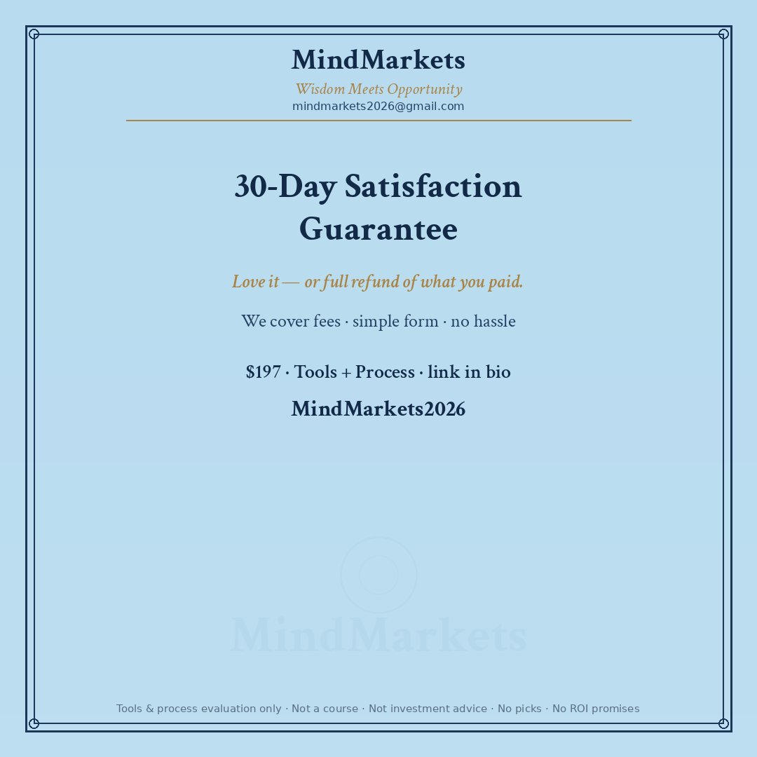 MindMarkets2026's tweet photo. Try the desk. Not the pitch.

MindMarkets = tools + process checks (Trade Tracker, plans, reviews) — not a course, not picks.

30-day satisfaction: full refund of what you paid; we cover fees. Simple form.

Soft look when ready · $197 · link below / bio
@MindMarkets2026

Tools + Process only. No ROI / win-rate promises.