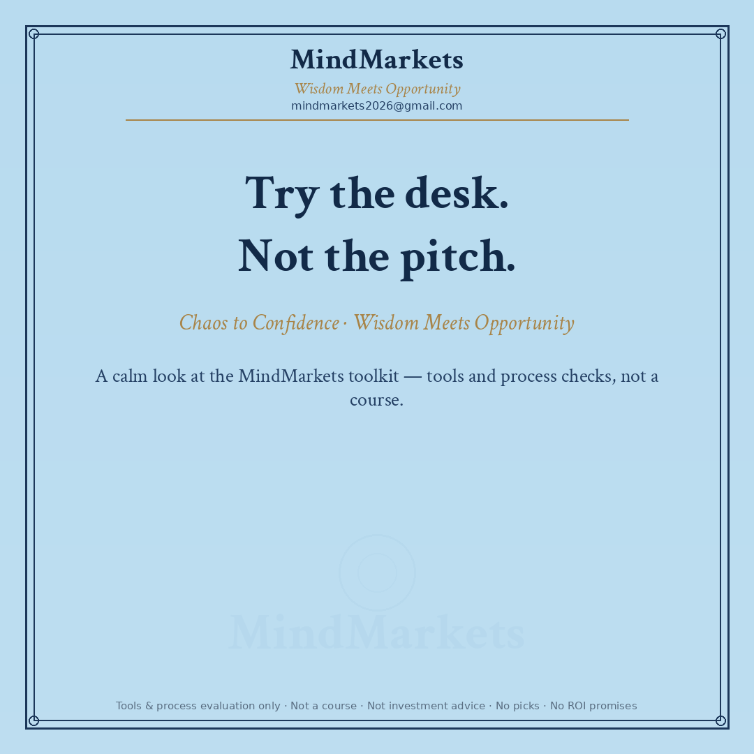 MindMarkets2026's tweet photo. Try the desk. Not the pitch.

MindMarkets = tools + process checks (Trade Tracker, plans, reviews) — not a course, not picks.

30-day satisfaction: full refund of what you paid; we cover fees. Simple form.

Soft look when ready · $197 · link below / bio
@MindMarkets2026

Tools + Process only. No ROI / win-rate promises.