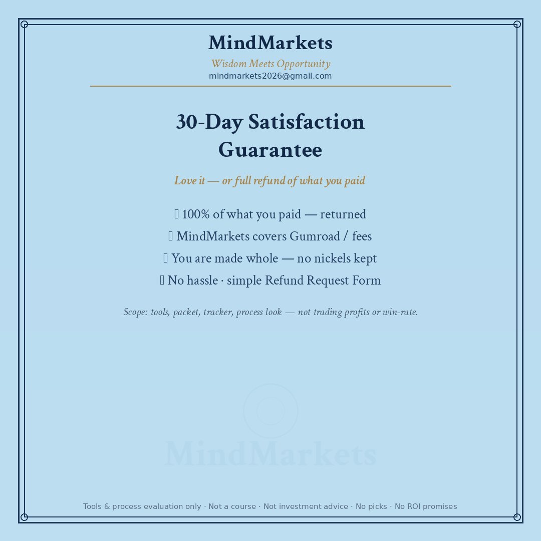 MindMarkets2026's tweet photo. Try the desk. Not the pitch.

MindMarkets = tools + process checks (Trade Tracker, plans, reviews) — not a course, not picks.

30-day satisfaction: full refund of what you paid; we cover fees. Simple form.

Soft look when ready · $197 · link below / bio
@MindMarkets2026

Tools + Process only. No ROI / win-rate promises.