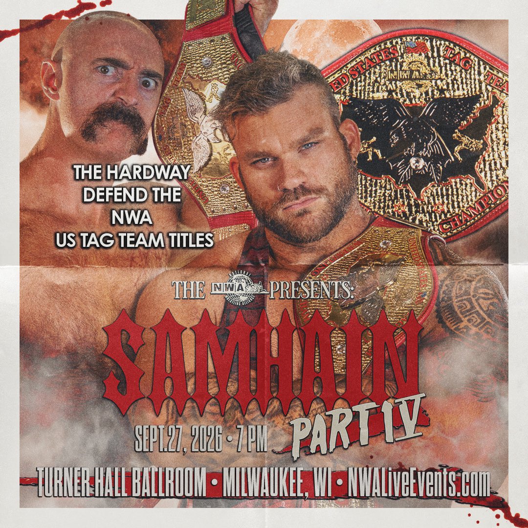nwa's tweet photo. 𝙏𝙄𝙏𝙇𝙀 𝙁𝙄𝙂𝙃𝙏𝙎 𝙎𝙐𝙉𝘿𝘼𝙔 𝙉𝙄𝙂𝙃𝙏
NWA Presents 𝙎𝙖𝙢𝙝𝙖𝙞𝙣: 𝙋𝙖𝙧𝙩 𝙄𝙑  this Sunday, Sept. 27 at Milwaukee’s Turner Hall Ballroom, is turning into a night of champions! https://t.co/P2gxaJEyhd

The Hardway — internet sensation @vetjackvaughn and “The Juice” Dalton McKenzie — put their NWA U.S. Tag titles on the line! Plus, after capturing the NWA World Junior Heavyweight Championship at NWA 78, @Hayden_Backlund defends in Wisconsin.

Bring the whole family for a night of chills, thrills and live pro wrestling action as only the stars of the National Wrestling Alliance can offer. Tickets are on sale now!

https://t.co/P2gxaJEyhd

𝙎𝙚𝙚 𝙈𝙤𝙧𝙚 𝙈𝙖𝙩𝙘𝙝𝙚𝙨 ⤵️