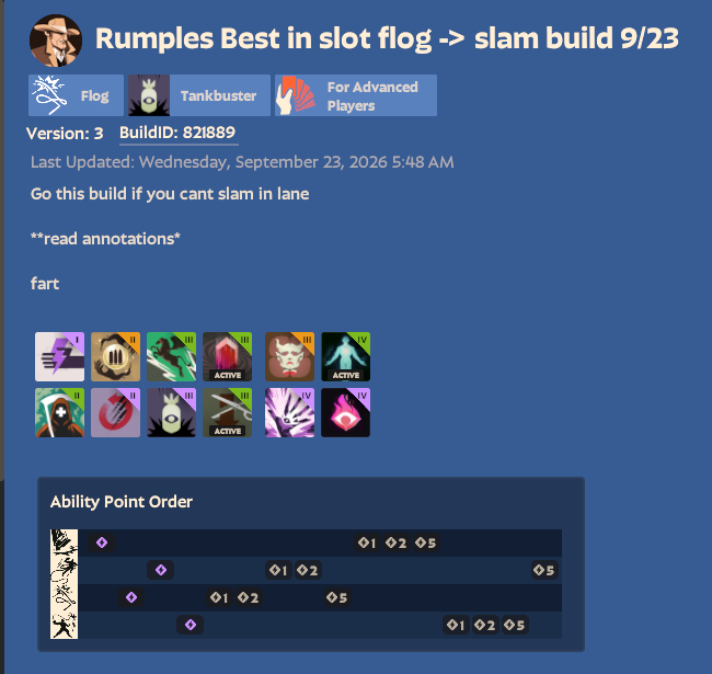 rumple32_'s tweet photo. If you cant run slam in lane here is my Best in slot flog -> slam build

build id: 821889
#deadlock #lash https://t.co/776LXgkeTA