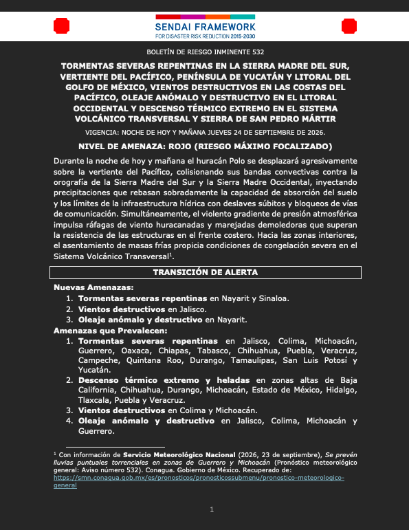 siempreinexorab's tweet photo. Boletín de Riesgo Inminente 532 para México
Nivel de Amenaza: Rojo (riesgo máximo focalizado)
Vigencia: noche de hoy y mañana jueves 24 de septiembre de 2026
Sendai Framework #EW4All - Impact Based Forecast #IBF
@SSPCNay @PC_Sinaloa @PCJalisco @PC_Colima @pcmichoacan (hilo) https://t.co/HwHmzs2dG8