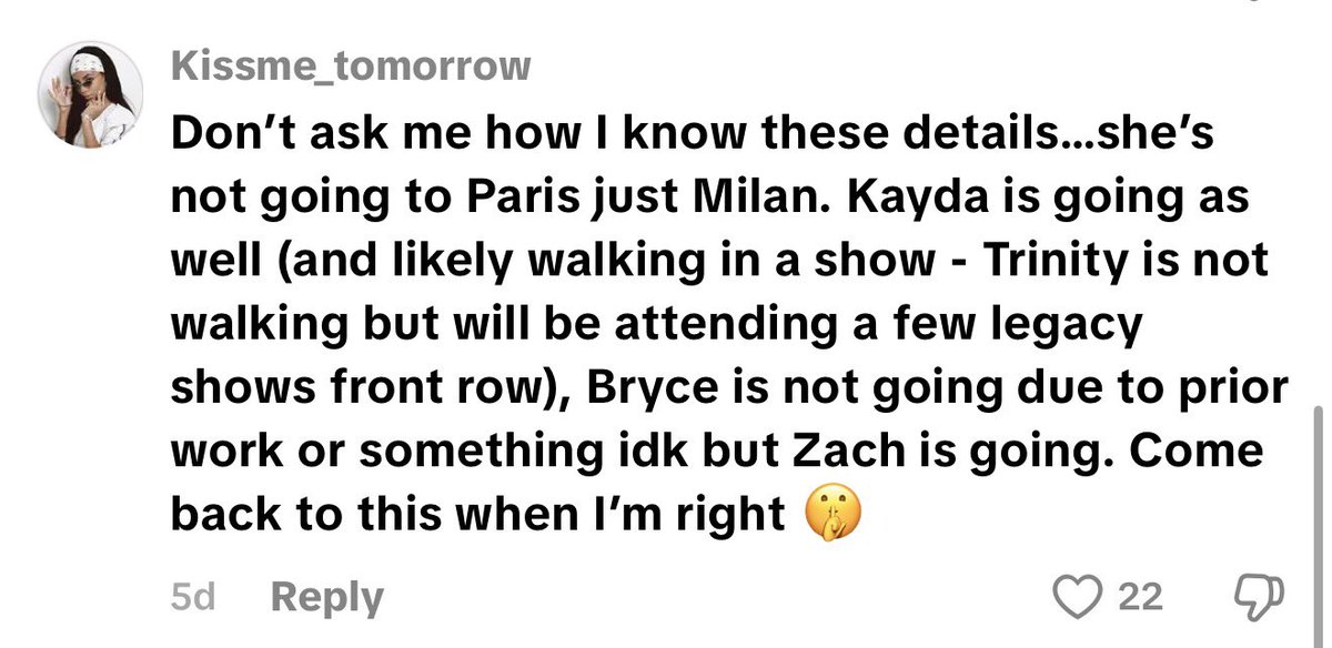 youhaventexplor's tweet photo. yall jumped me for privating this "inside source from WME" comment on my tt page and whole time it was wrong😭😭 #TrinityXMFW https://t.co/ShNODcp2nk