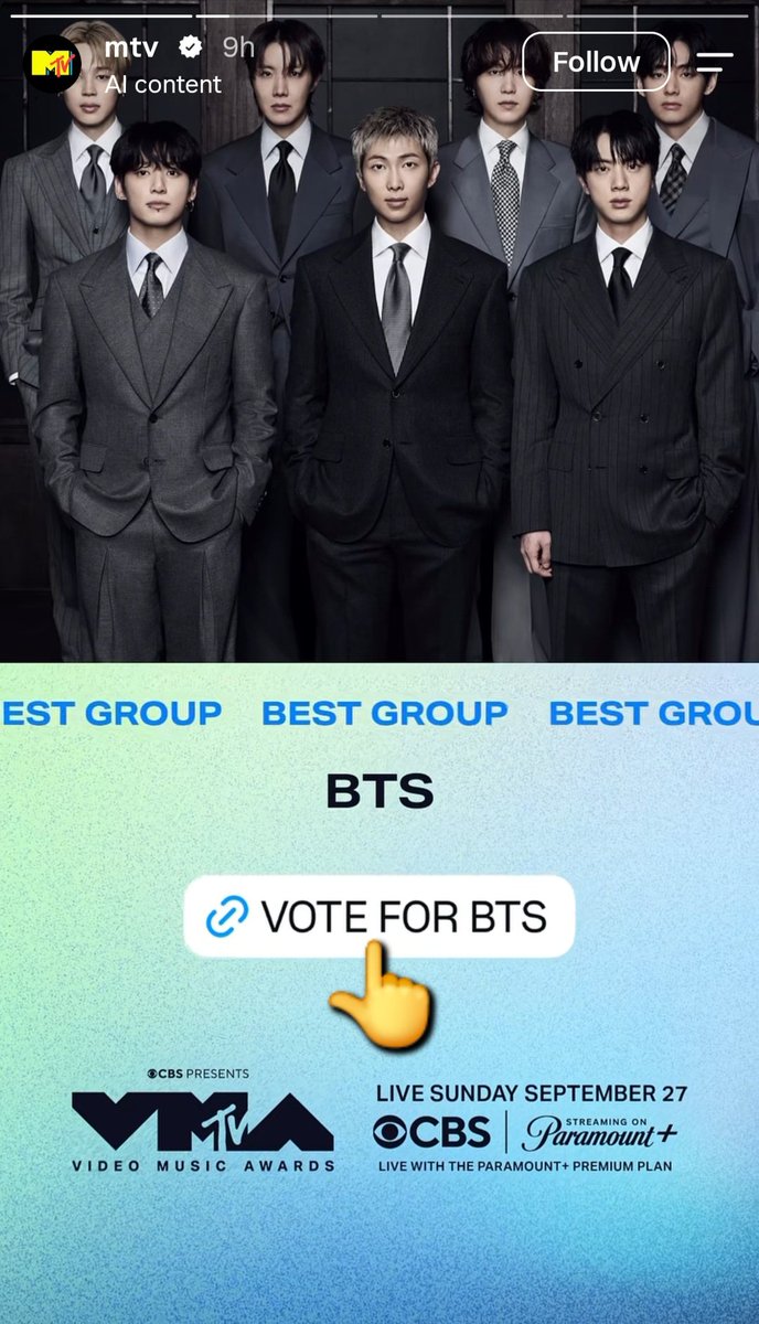 01Btsxarmy1's tweet photo. [🗳] 2026 #VMAs

FINAL ROUND of VMA Best Group voting has started! Vote for BTS on MTV's instagram stories with all accounts you have! 🏃‍♀️ 

🚨We can't see our current rank, spread this voting to all ARMYs to vote with us! 

Vote here 👇
🔗: https://t.co/rW4YMZzga6 https://t.co/QMSmwap1Ly