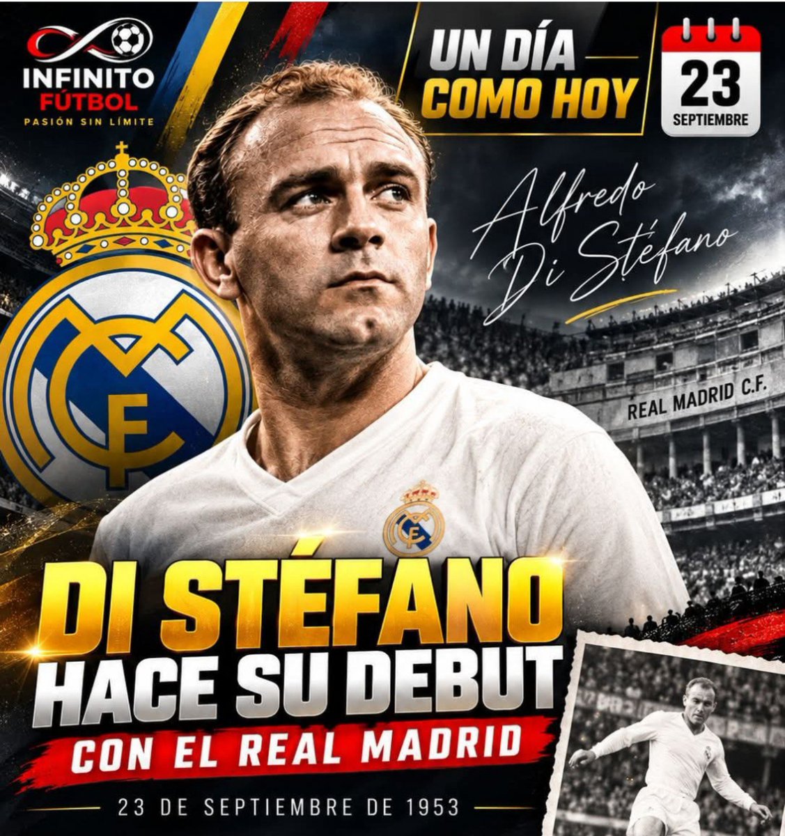 ItachiCuba's tweet photo. Hace 73 años, debutaría el mítico delantero argentino Alfredo Di Stéfano con el #RealMadrid, esa tarde marcaría su primer gol con el club merengue. Años más tarde recibió el Súper Balón de Oro, siendo el único futbolista de la historia en poseerlo. Presidente de Honor del RM. https://t.co/Z86BSF5byI