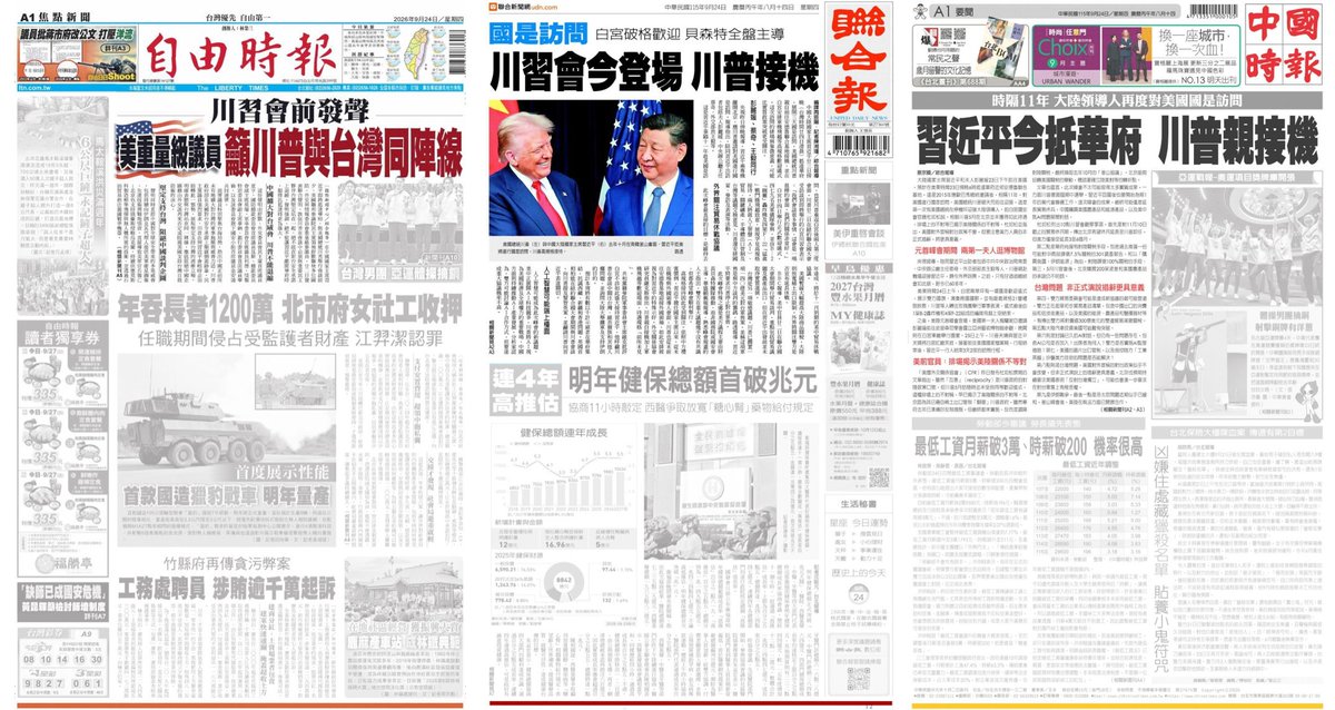 tseng_weichen's tweet photo. 習進平才是兩小報的國家元首

今日3報頭版頭，自由時報是美國會議員籲川普重視台灣。聯合報、中國時報都是吹川普要親自接機習近平。兩小報還都用前3版狂吹中國如何壓制美國、美國要如何出賣台灣。對於兩小報而言，習進平才是國家元首，台灣政府可能只是叛亂政權。 https://t.co/IePnOG74G0