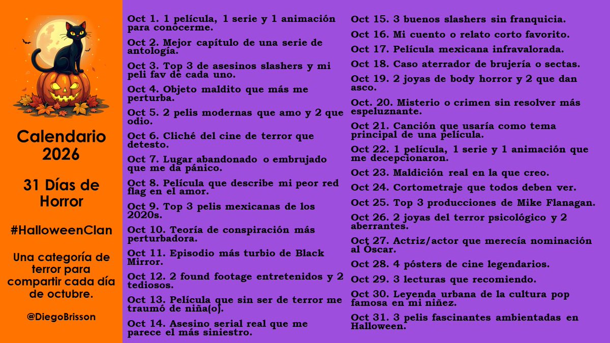 DiegoBrisson's tweet photo. Quinta edición de mis 31 Días de Horror.

Es momento de sacar el lado más spooky y armar debate diario con el género que más nos apasiona.

Preparen sus mejores armas, porque el pacto está hecho y el ritual está por comenzar.

Este año nos leeremos con el hashtag #HalloweenClan https://t.co/zPDnEWj1yr